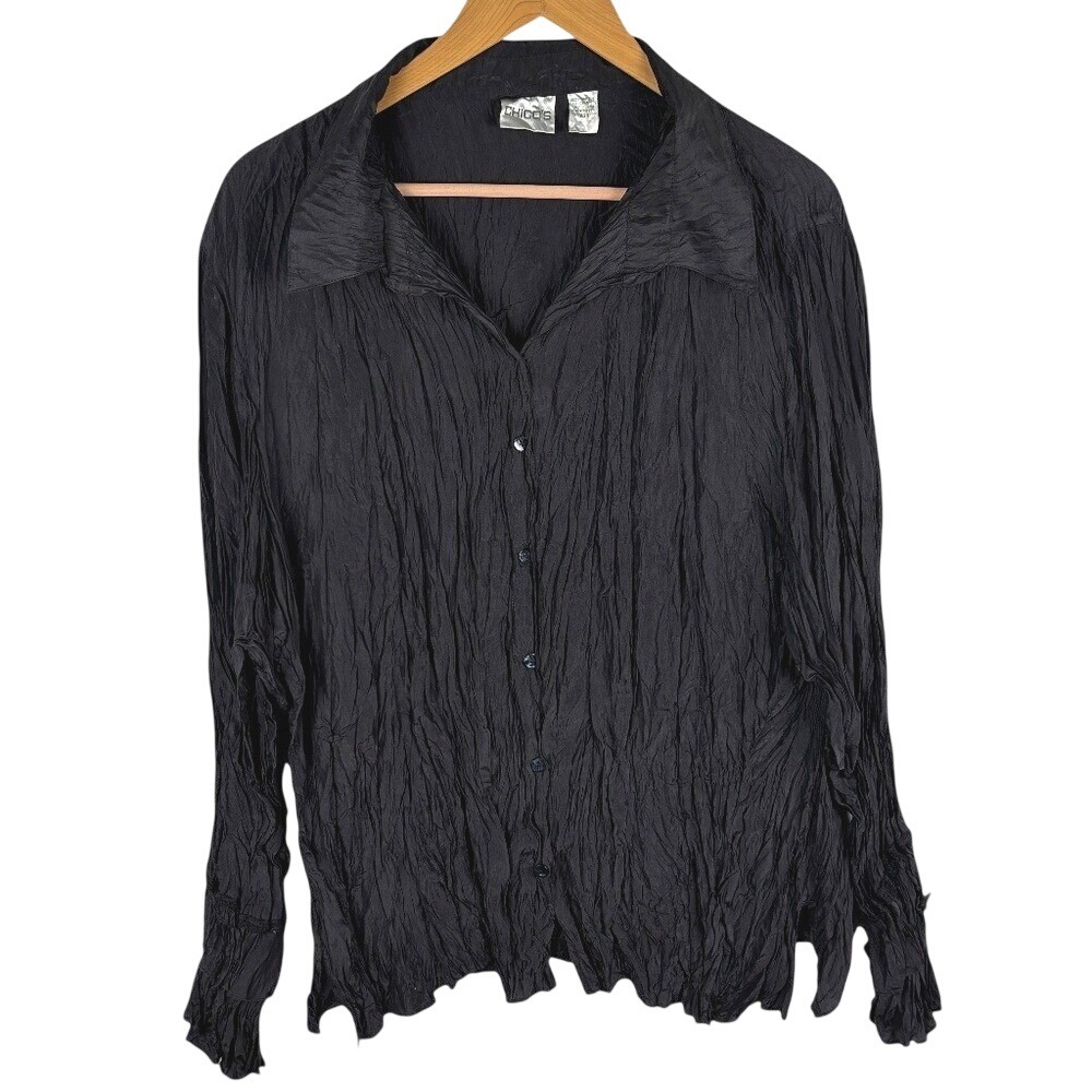 VTG Chicos Crinkle Silk Ruffle Sleeve Button Up Shirt Sz 1 = US: M/8 Luxe Party